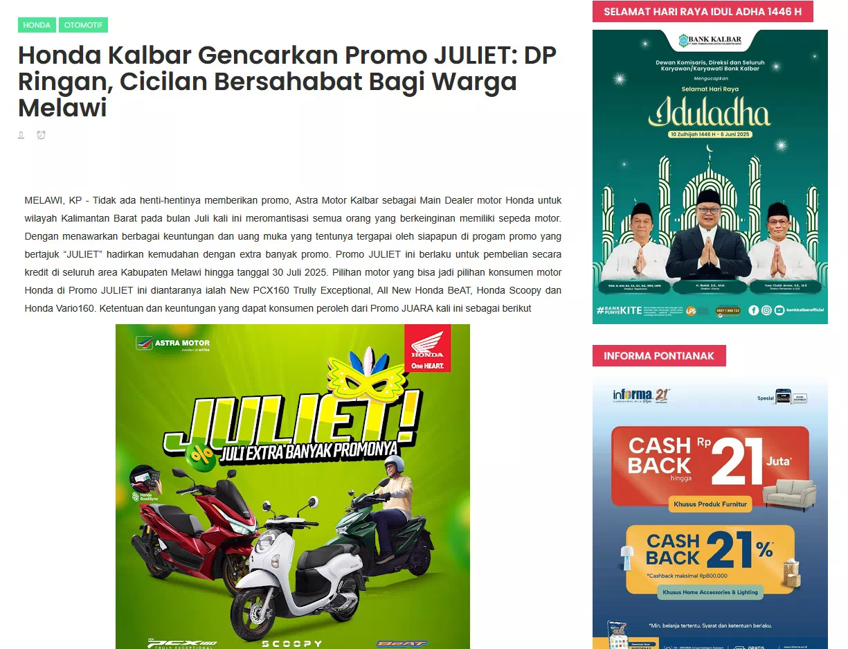Honda Kalbar Gencarkan Promo JULIET: DP Ringan, Cicilan Bersahabat Bagi Warga Melawi