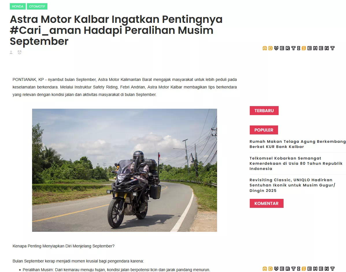 Astra Motor Kalbar Ingatkan Pentingnya #Cari_aman Hadapi Peralihan Musim September
