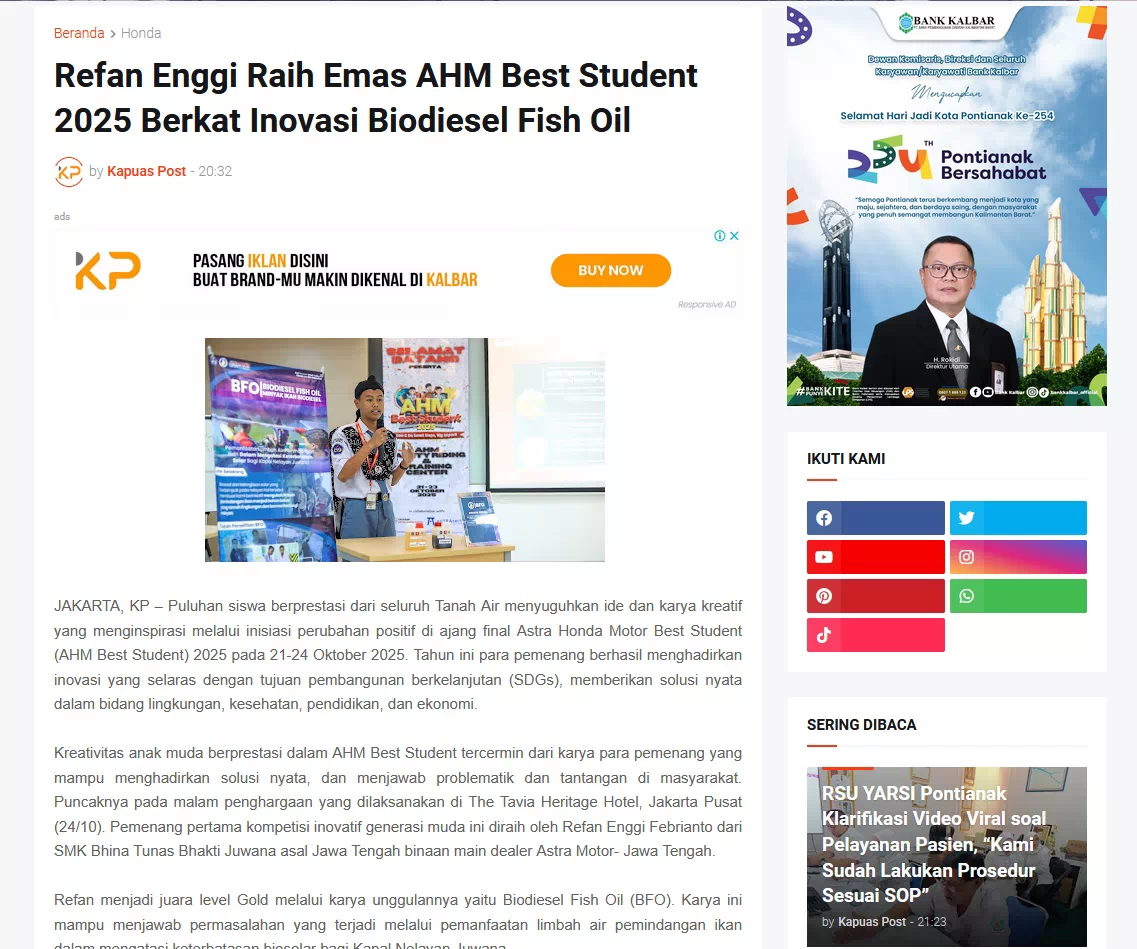 Refan Enggi Raih Emas AHM Best Student 2025 Berkat Inovasi Biodiesel Fish Oil
