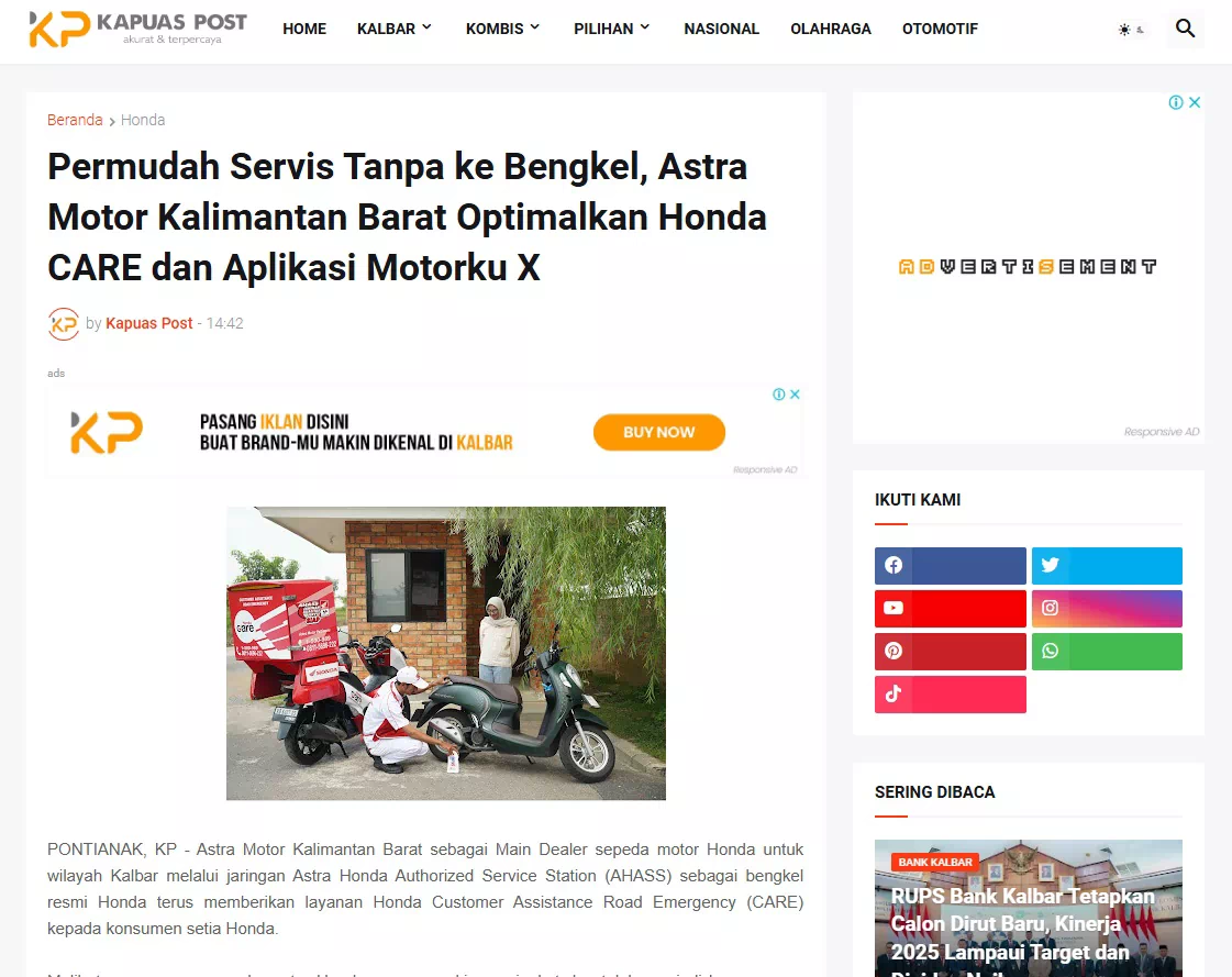 Permudah Servis Tanpa ke Bengkel, Astra Motor Kalimantan Barat Optimalkan Honda CARE dan Aplikasi Motorku X