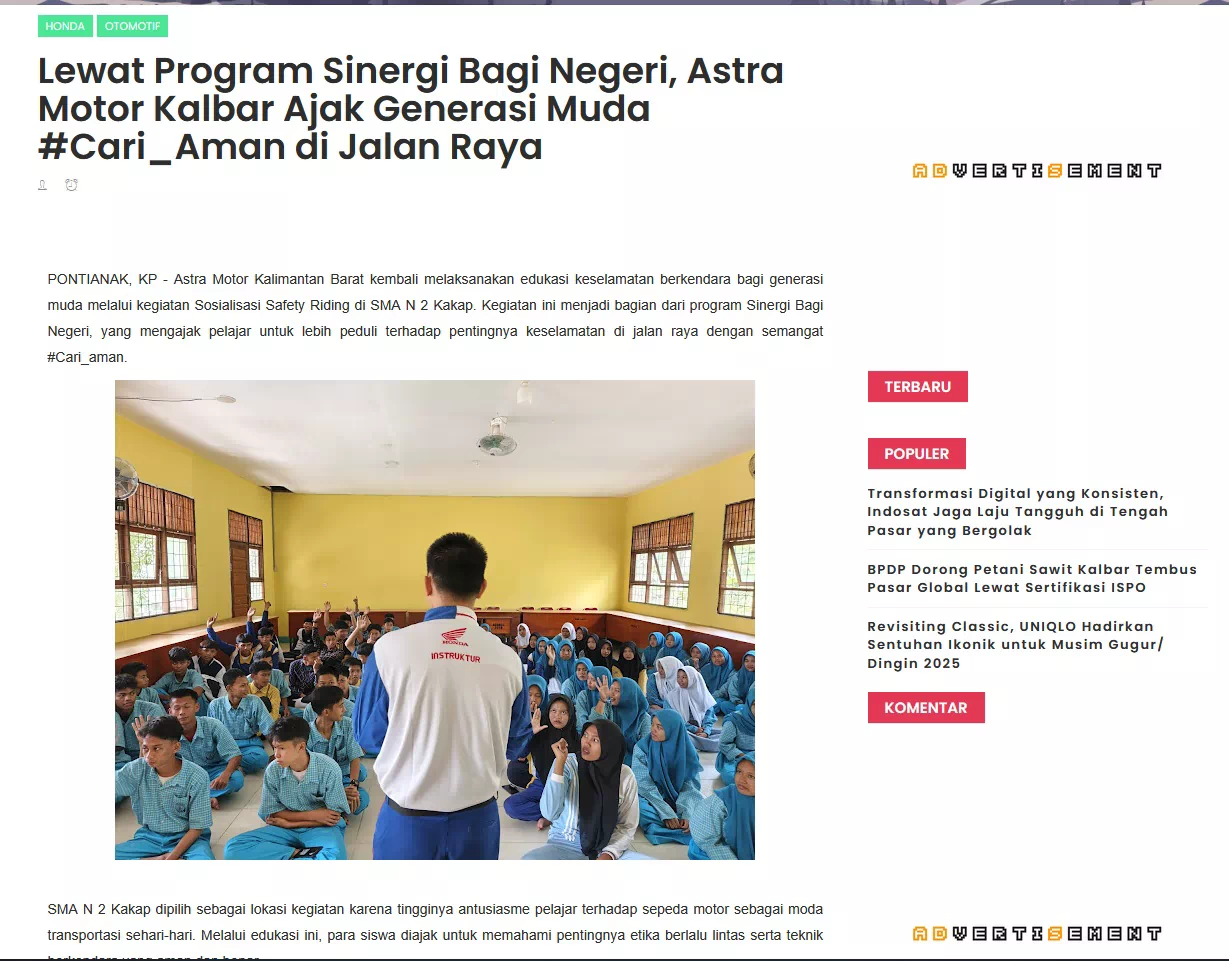 Lewat Program Sinergi Bagi Negeri, Astra Motor Kalbar Ajak Generasi Muda #Cari_Aman di Jalan Raya
