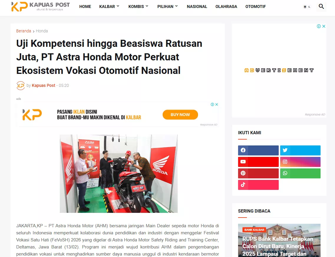 Uji Kompetensi hingga Beasiswa Ratusan Juta, PT Astra Honda Motor Perkuat Ekosistem Vokasi Otomotif Nasional