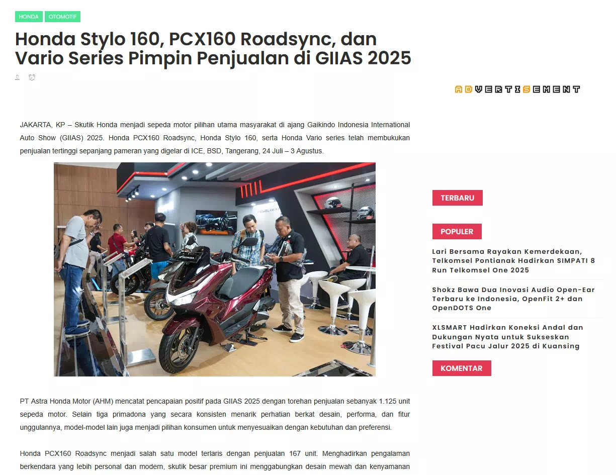 Honda Stylo 160, PCX160 Roadsync, dan Vario Series Pimpin Penjualan di GIIAS 2025