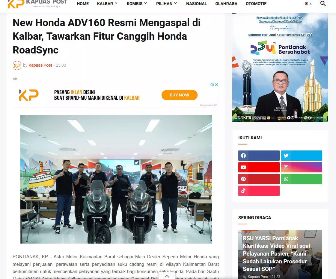 New Honda ADV160 Resmi Mengaspal di Kalbar, Tawarkan Fitur Canggih Honda RoadSync