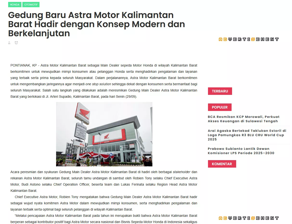 Gedung Baru Astra Motor Kalimantan Barat Hadir dengan Konsep Modern dan Berkelanjutan
