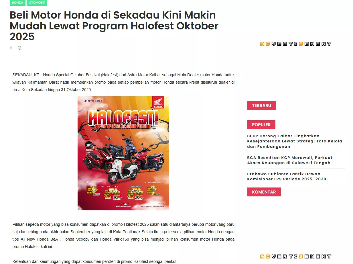 Beli Motor Honda di Sekadau Kini Makin Mudah Lewat Program Halofest Oktober 2025