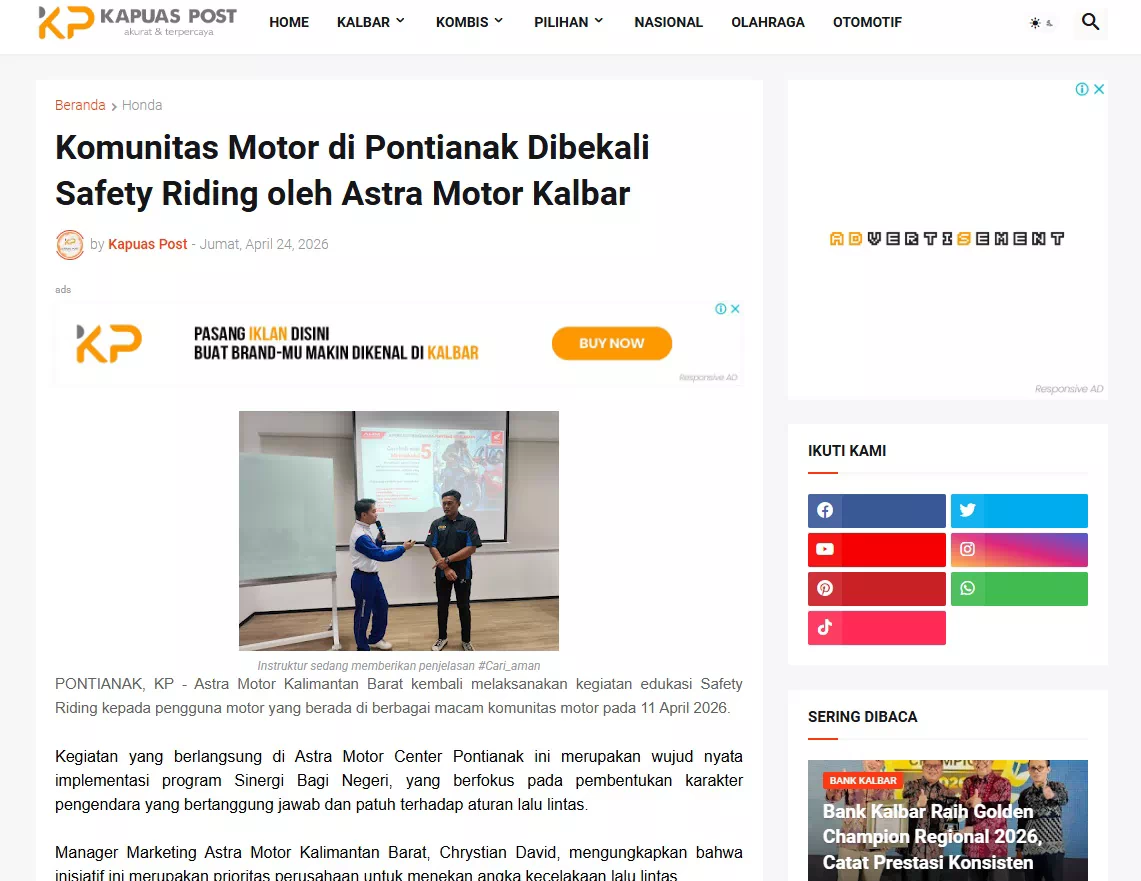 Komunitas Motor di Pontianak Dibekali Safety Riding oleh Astra Motor Kalbar