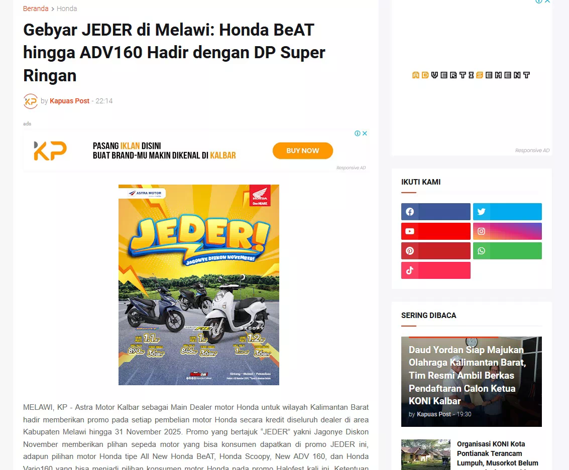 Gebyar JEDER di Melawi: Honda BeAT hingga ADV160 Hadir dengan DP Super Ringan