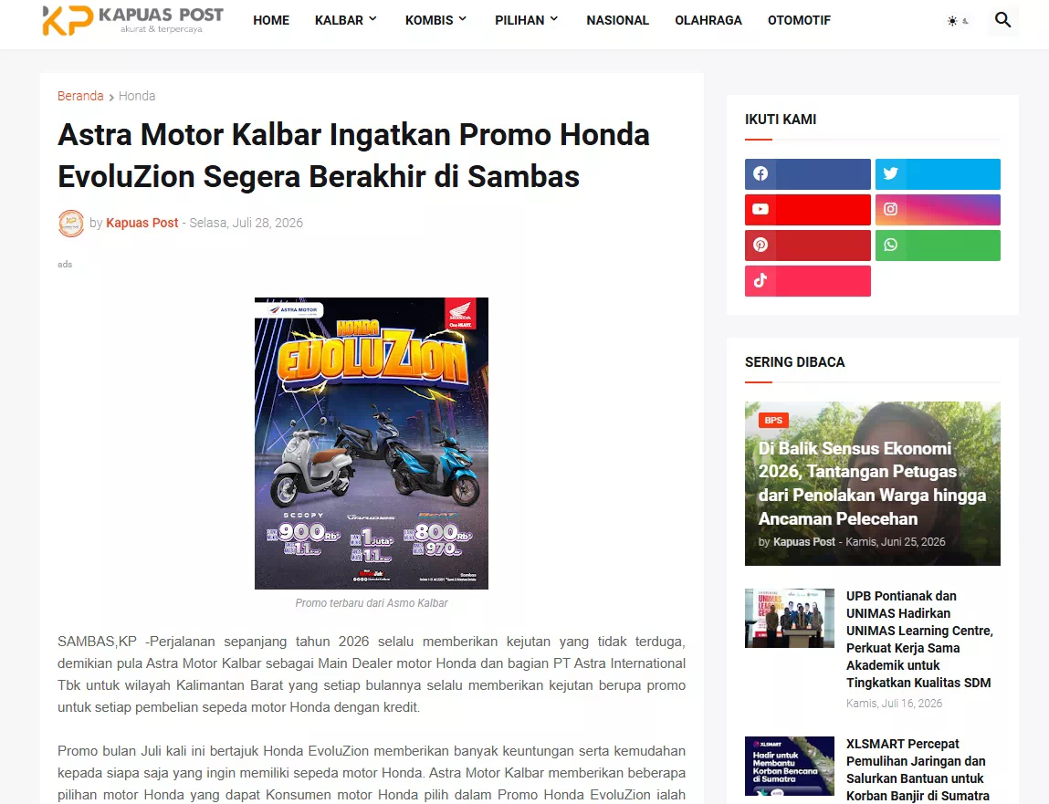 Astra Motor Kalbar Ingatkan Promo Honda EvoluZion Segera Berakhir di Sambas
