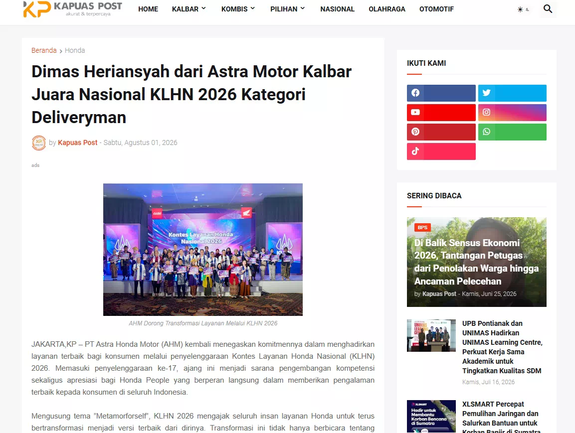 Dimas Heriansyah dari Astra Motor Kalbar Juara Nasional KLHN 2026 Kategori Deliveryman