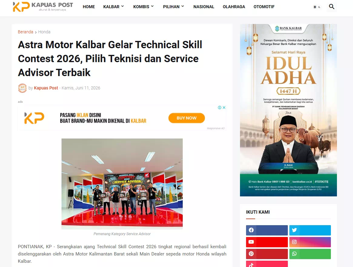 Astra Motor Kalbar Gelar Technical Skill Contest 2026, Pilih Teknisi dan Service Advisor Terbaik