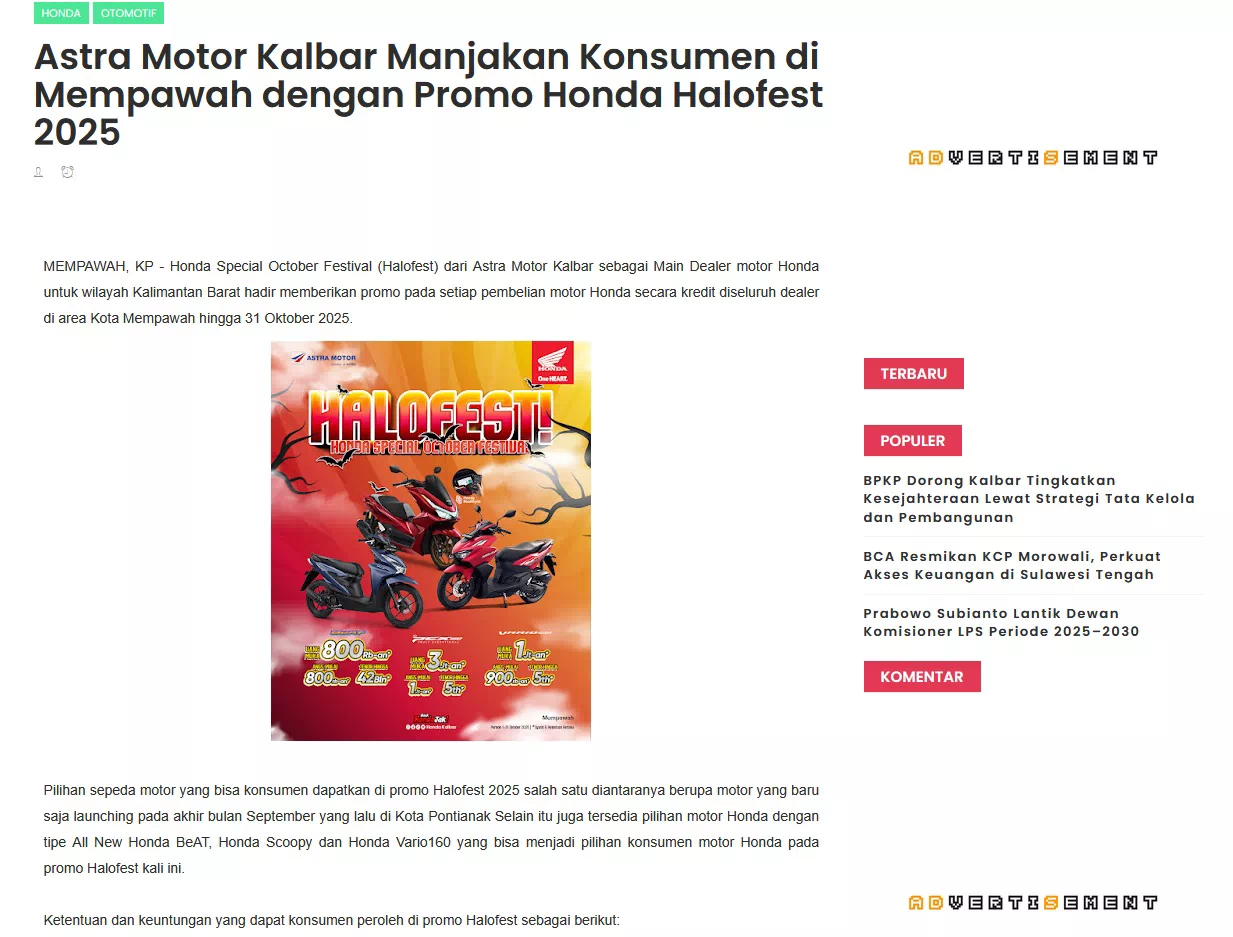 Astra Motor Kalbar Manjakan Konsumen di Mempawah dengan Promo Honda Halofest 2025