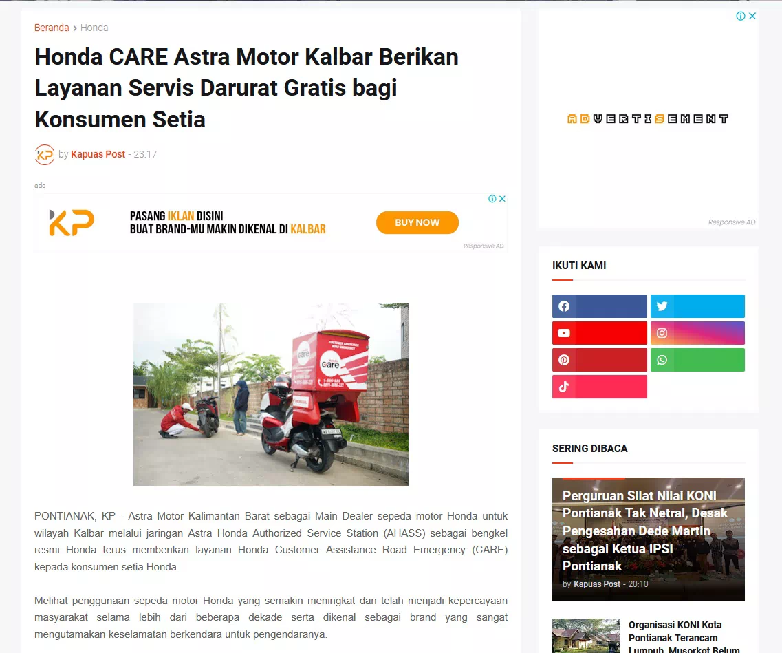 Honda CARE Astra Motor Kalbar Berikan Layanan Servis Darurat Gratis bagi Konsumen Setia