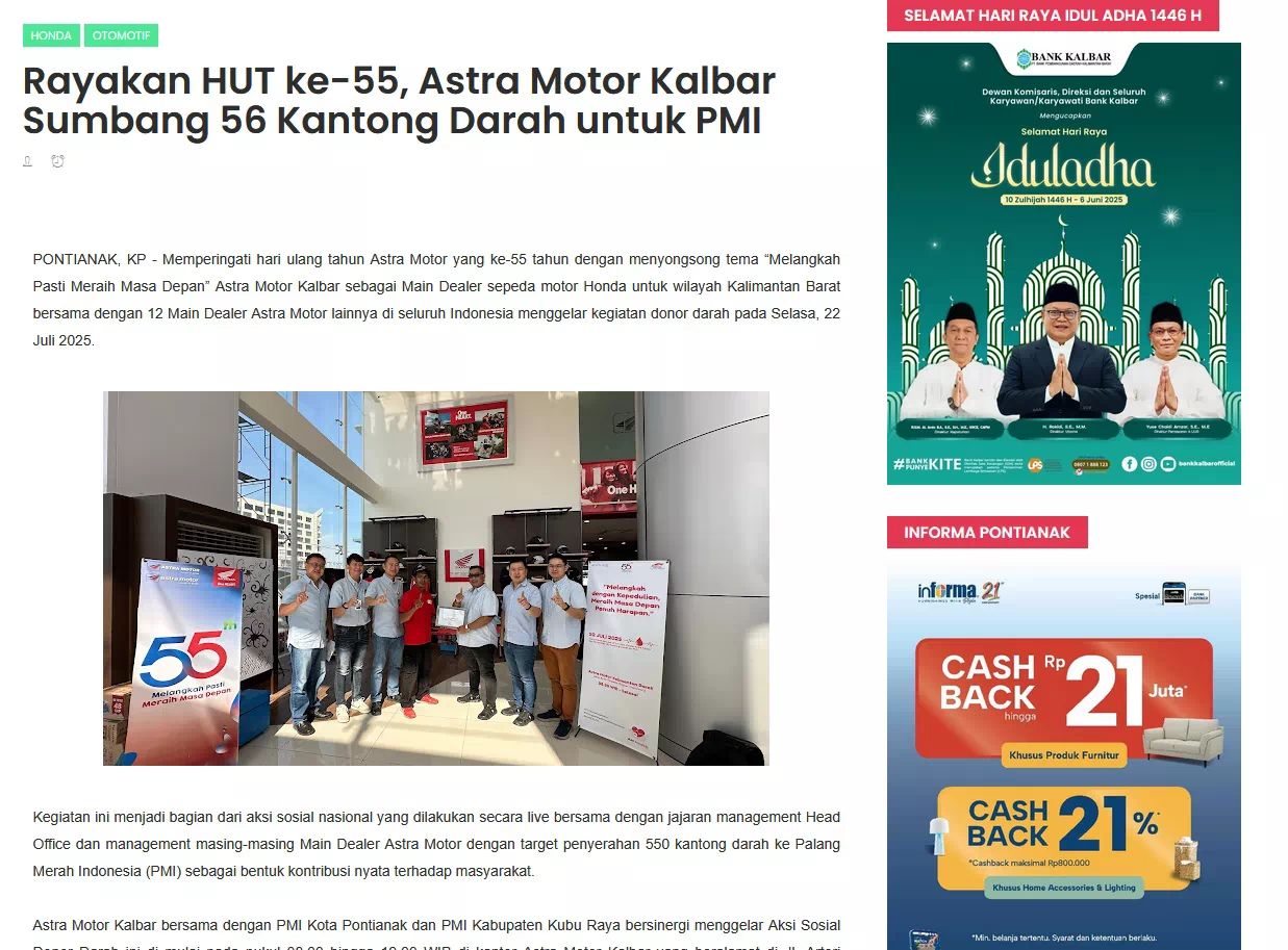 Rayakan HUT ke-55, Astra Motor Kalbar Sumbang 56 Kantong Darah untuk PMI