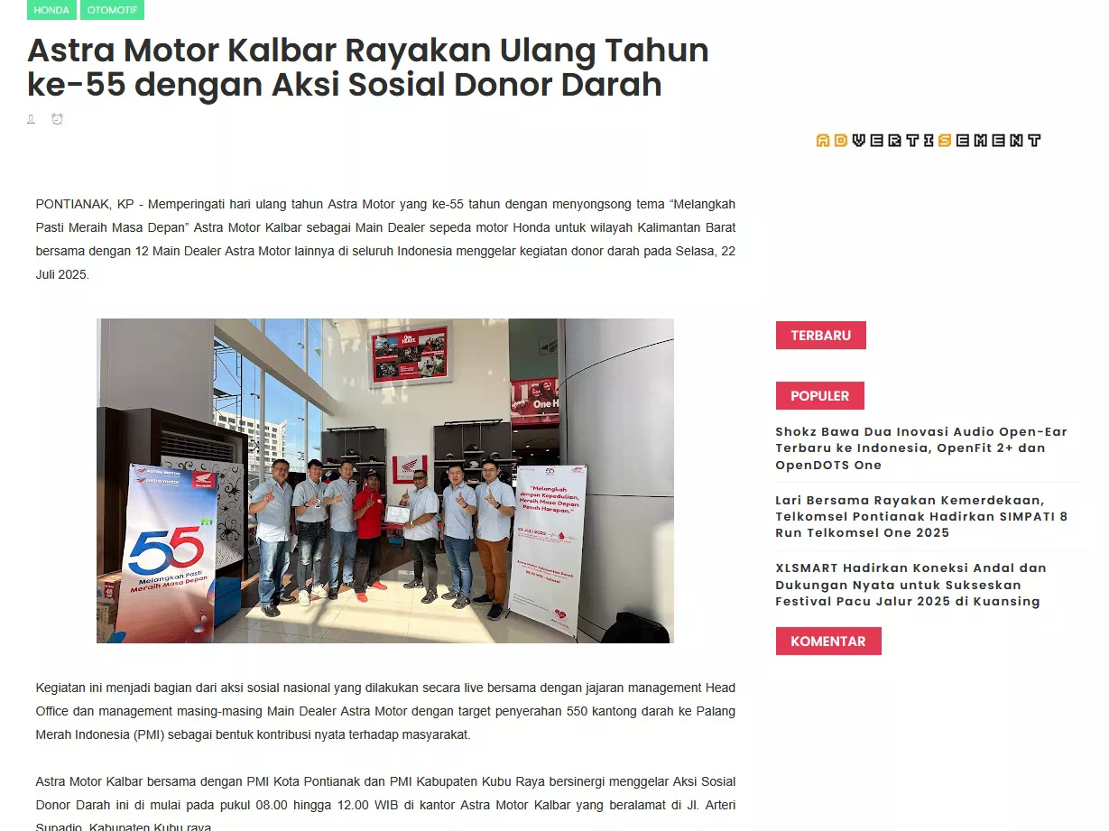 Astra Motor Kalbar Rayakan Ulang Tahun ke-55 dengan Aksi Sosial Donor Darah