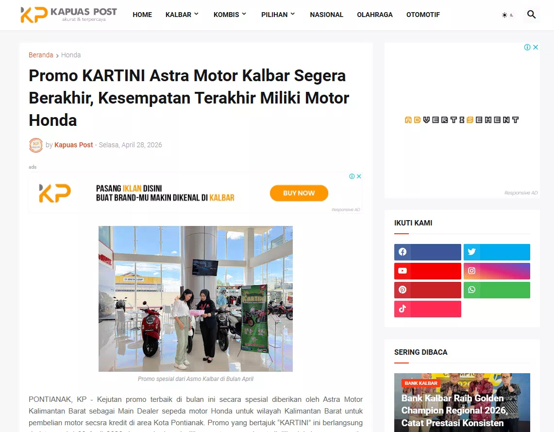 Promo KARTINI Astra Motor Kalbar Segera Berakhir, Kesempatan Terakhir Miliki Motor Honda