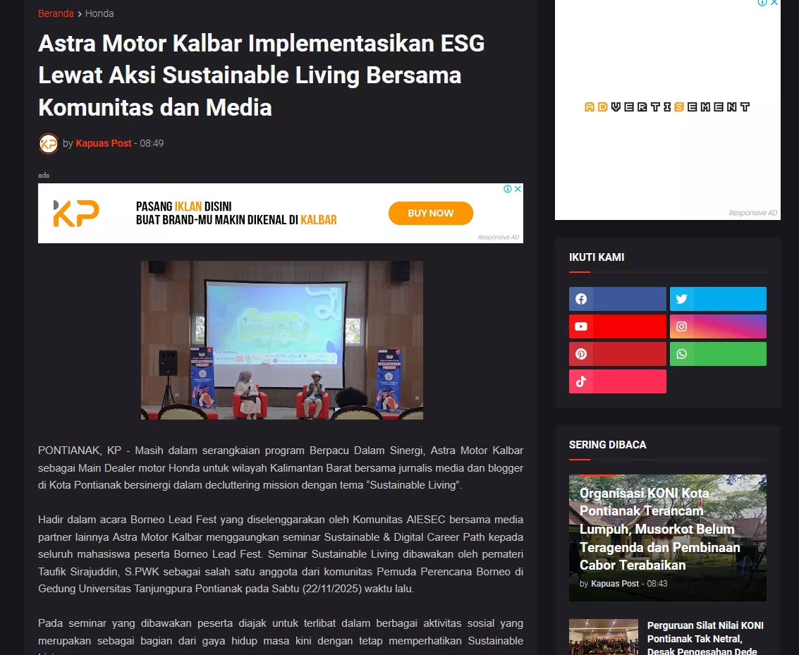 Astra Motor Kalbar Implementasikan ESG Lewat Aksi Sustainable Living Bersama Komunitas dan Media
