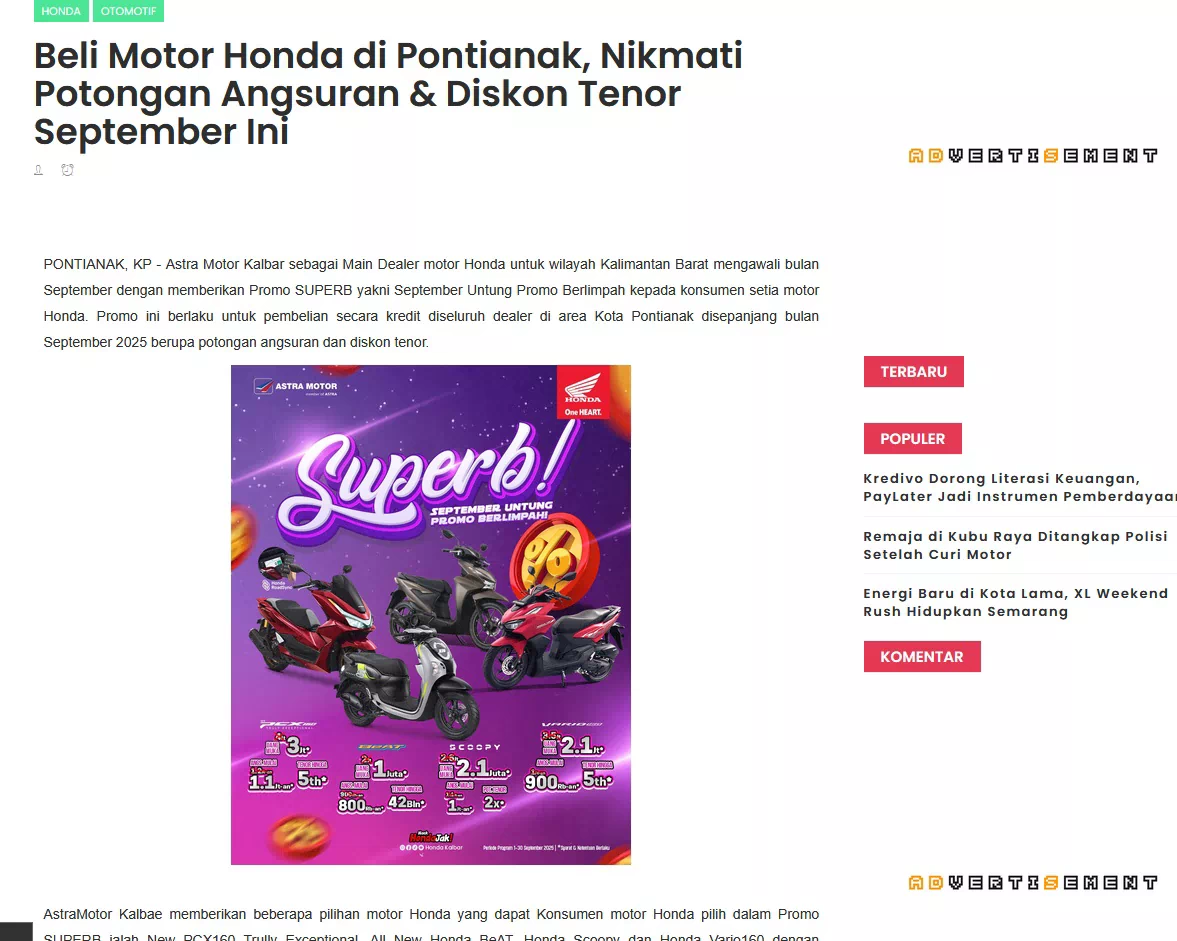 Beli Motor Honda di Pontianak, Nikmati Potongan Angsuran &amp; Diskon Tenor September Ini
