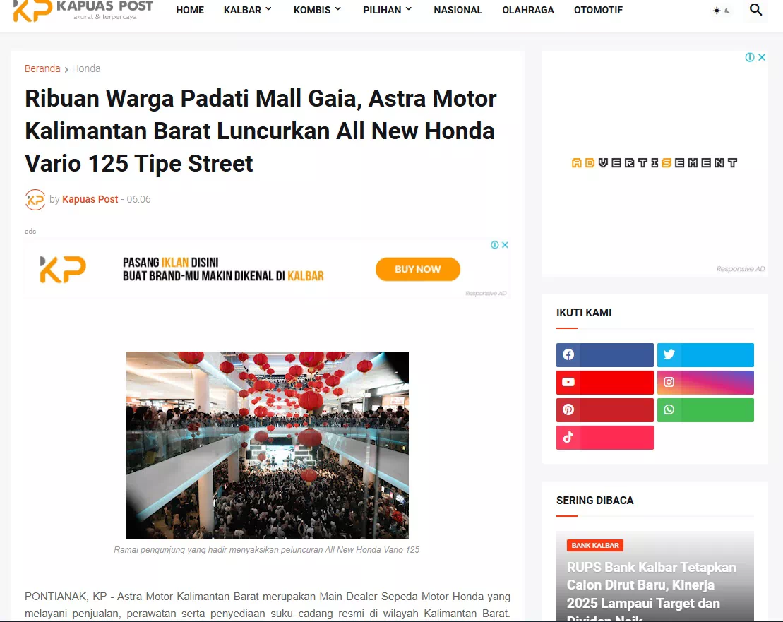 Ribuan Warga Padati Mall Gaia, Astra Motor Kalimantan Barat Luncurkan All New Honda Vario 125 Tipe Street