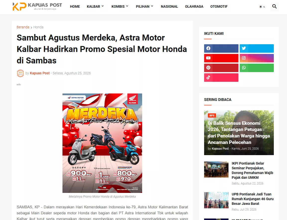 Sambut Agustus Merdeka, Astra Motor Kalbar Hadirkan Promo Spesial Motor Honda di Sambas