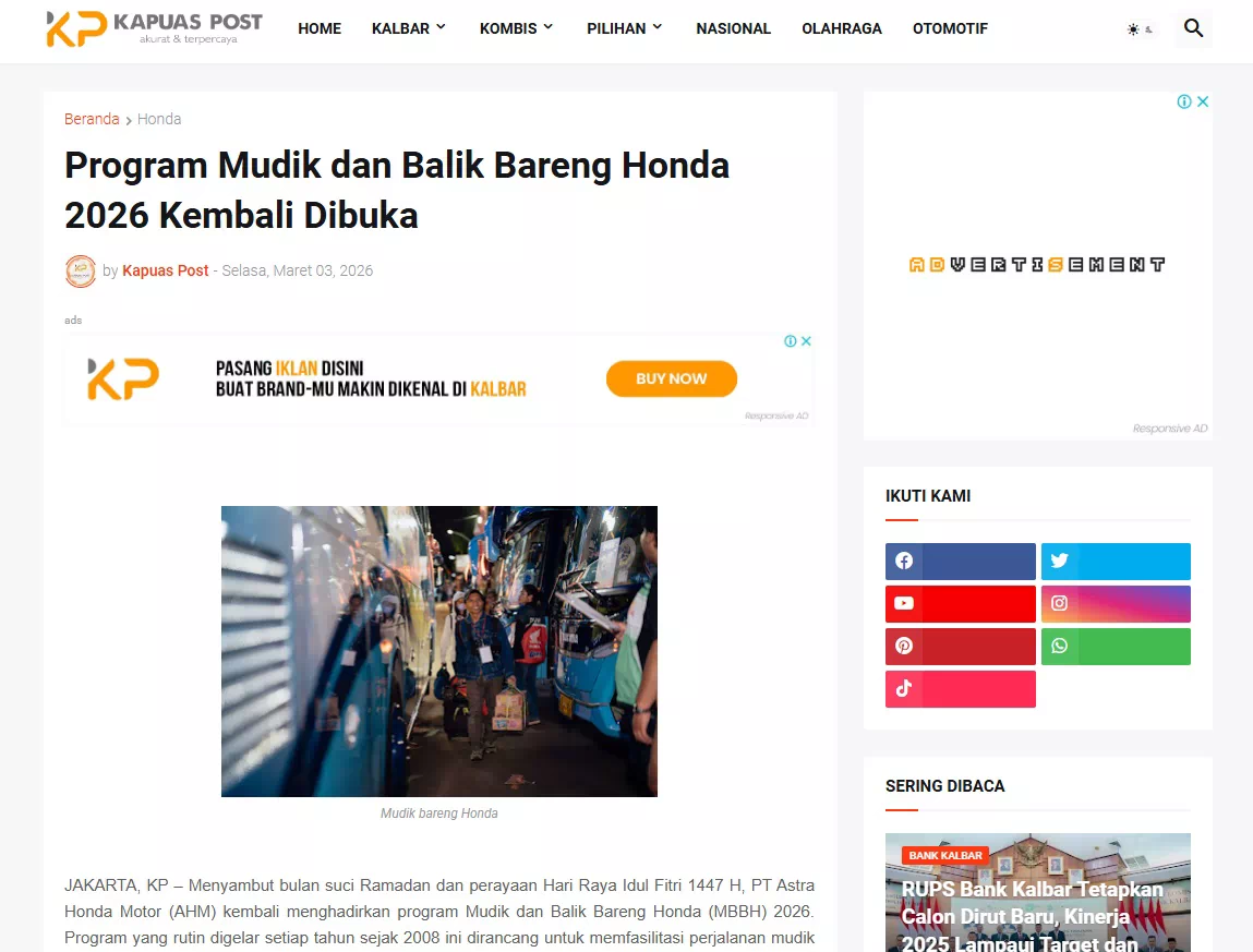 Program Mudik dan Balik Bareng Honda 2026 Kembali Dibuka