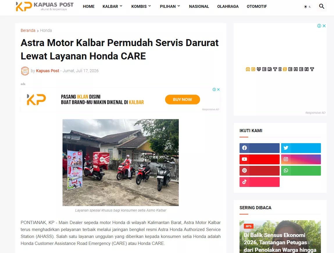 Astra Motor Kalbar Permudah Servis Darurat Lewat Layanan Honda CARE
