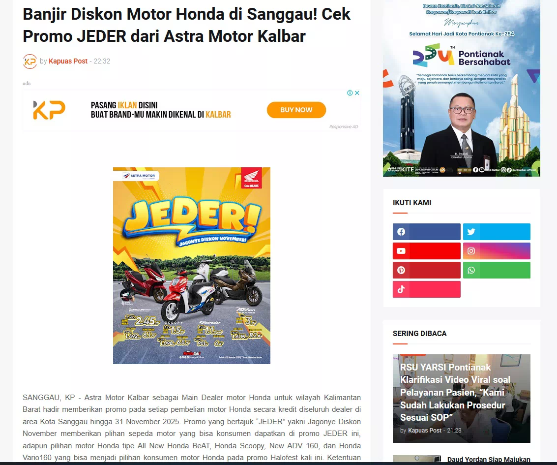 Banjir Diskon Motor Honda di Sanggau! Cek Promo JEDER dari Astra Motor Kalbar