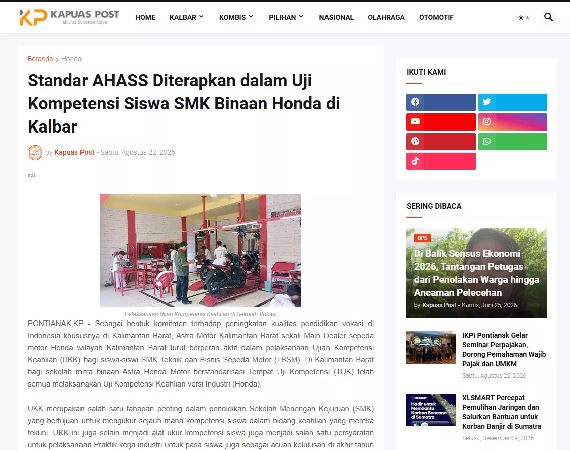 Standar AHASS Diterapkan dalam Uji Kompetensi Siswa SMK Binaan Honda di Kalbar