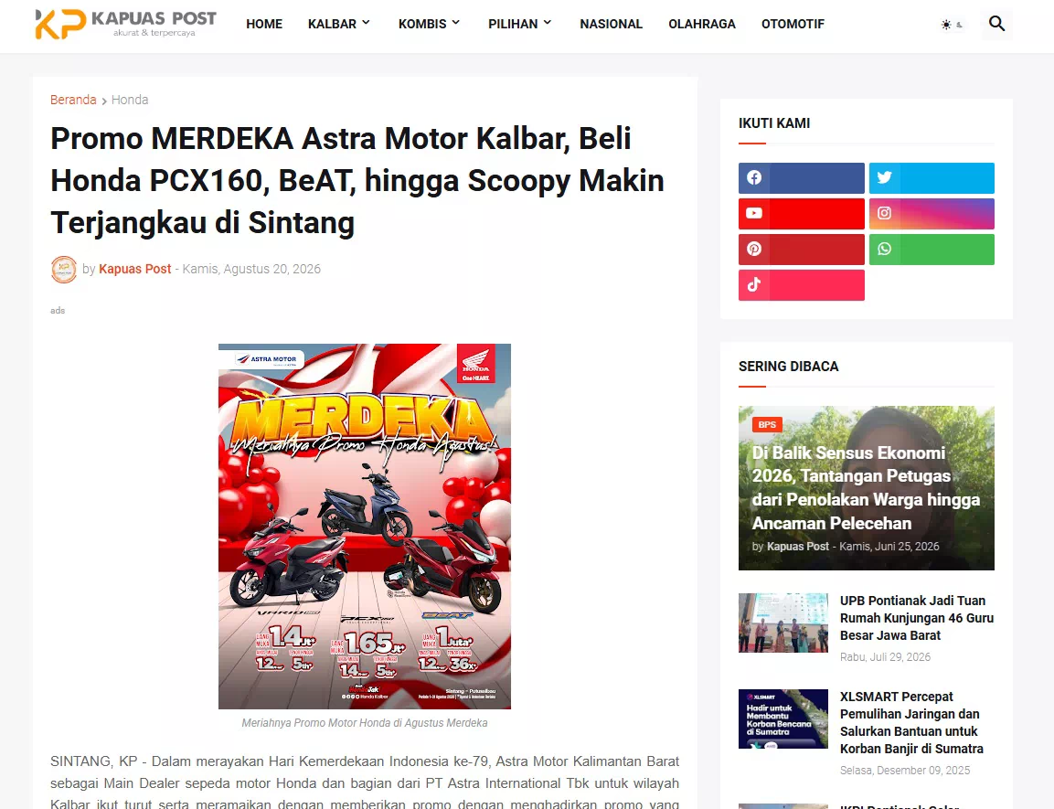 Promo MERDEKA Astra Motor Kalbar, Beli Honda PCX160, BeAT, hingga Scoopy Makin Terjangkau di Sintang