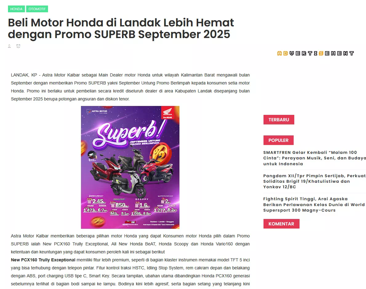 Beli Motor Honda di Landak Lebih Hemat dengan Promo SUPERB September 2025