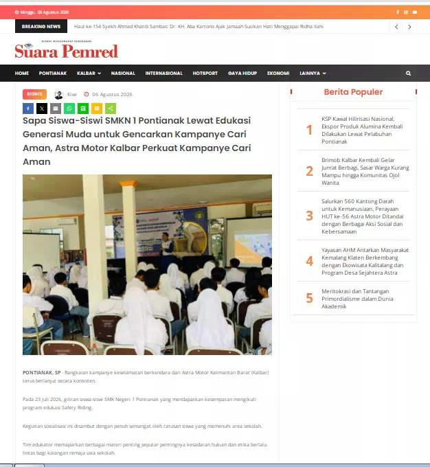 Sapa Siswa-Siswi SMKN 1 Pontianak Lewat Edukasi Generasi Muda untuk Gencarkan Kampanye Cari Aman, Astra Motor Kalbar Perkuat Kampanye Cari Aman