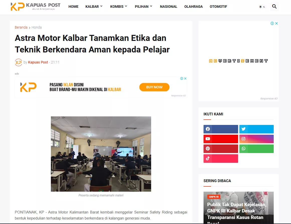Astra Motor Kalbar Tanamkan Etika dan Teknik Berkendara Aman kepada Pelajar