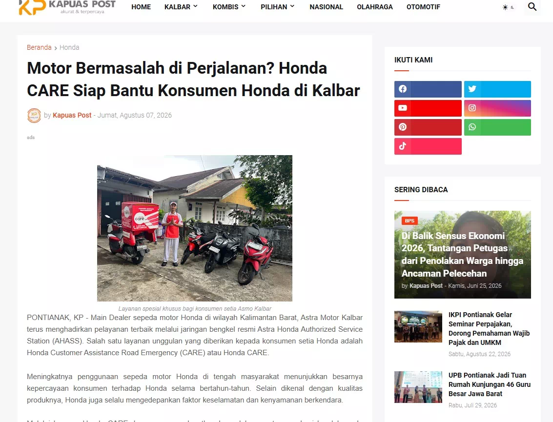 Motor Bermasalah di Perjalanan? Honda CARE Siap Bantu Konsumen Honda di Kalbar