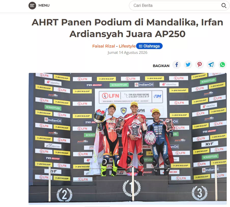 AHRT Panen Podium di Mandalika, Irfan Ardiansyah Juara AP250