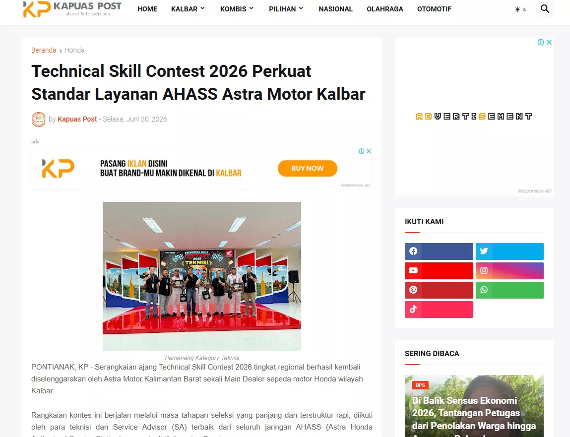Technical Skill Contest 2026 Perkuat Standar Layanan AHASS Astra Motor Kalbar