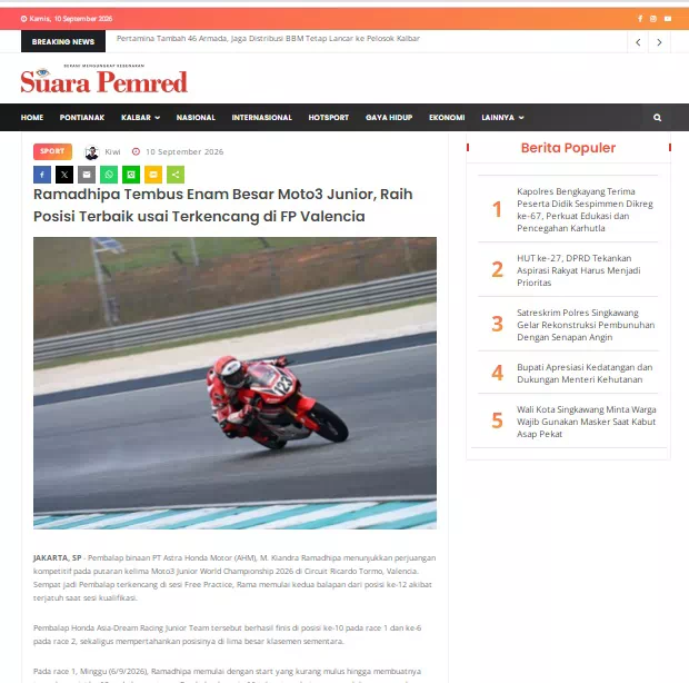 Ramadhipa Tembus Enam Besar Moto3 Junior, Raih Posisi Terbaik usai Terkencang di FP Valencia