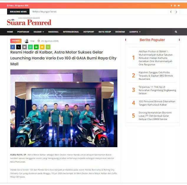Resmi Hadir di Kalbar, Astra Motor Sukses Gelar Launching Honda Vario Evo 160 di GAIA Bumi Raya City Mall