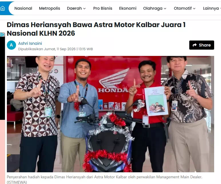 Dimas Heriansyah Bawa Astra Motor Kalbar Juara 1 Nasional KLHN 2026