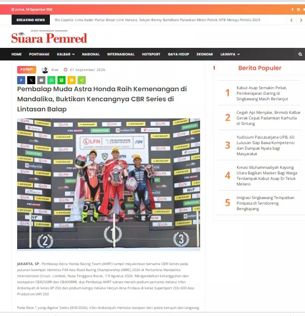 Pembalap Muda Astra Honda Raih Kemenangan di Mandalika, Buktikan Kencangnya CBR Series di Lintasan Balap