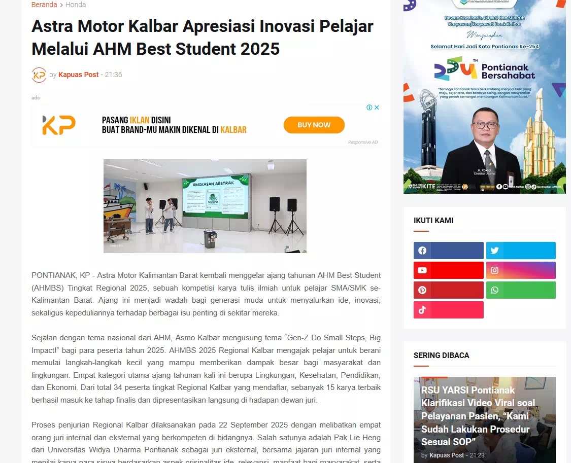 Astra Motor Kalbar Apresiasi Inovasi Pelajar Melalui AHM Best Student 2025