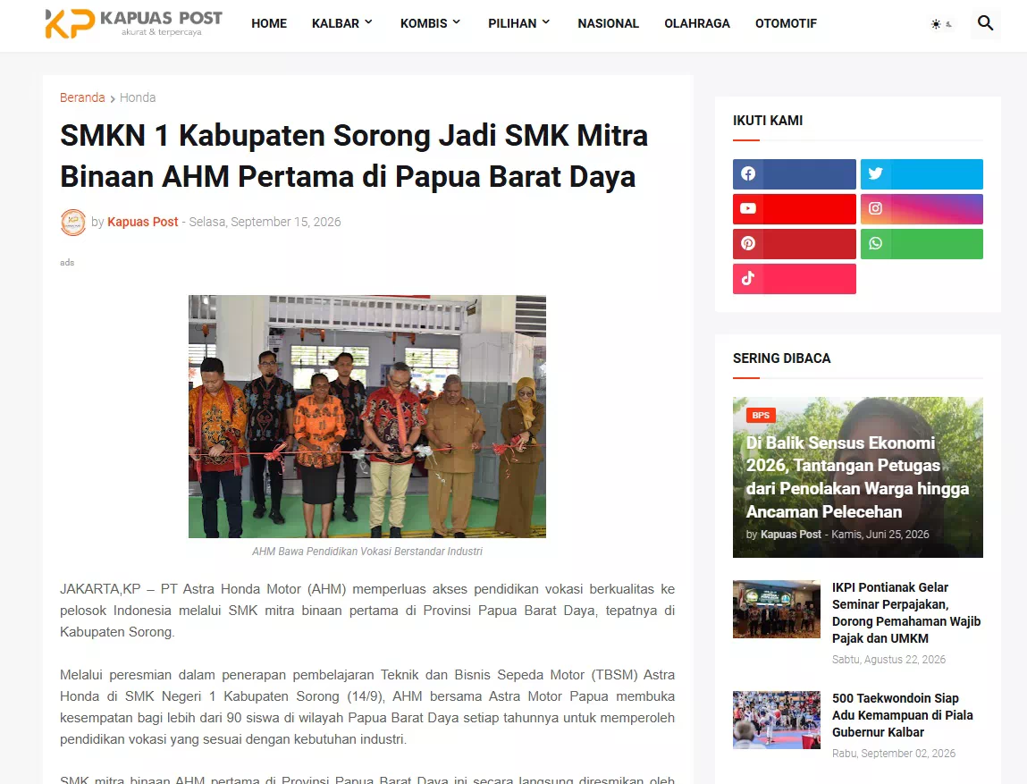 SMKN 1 Kabupaten Sorong Jadi SMK Mitra Binaan AHM Pertama di Papua Barat Daya