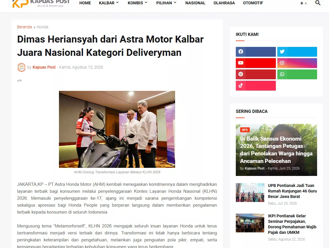 Dimas Heriansyah dari Astra Motor Kalbar Juara Nasional Kategori Deliveryman