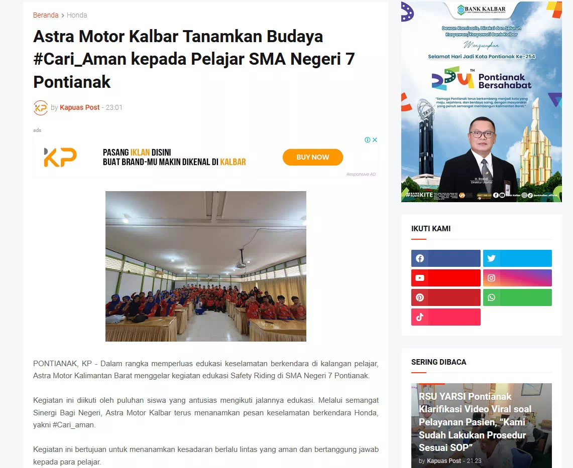 Astra Motor Kalbar Tanamkan Budaya #Cari_Aman kepada Pelajar SMA Negeri 7 Pontianak