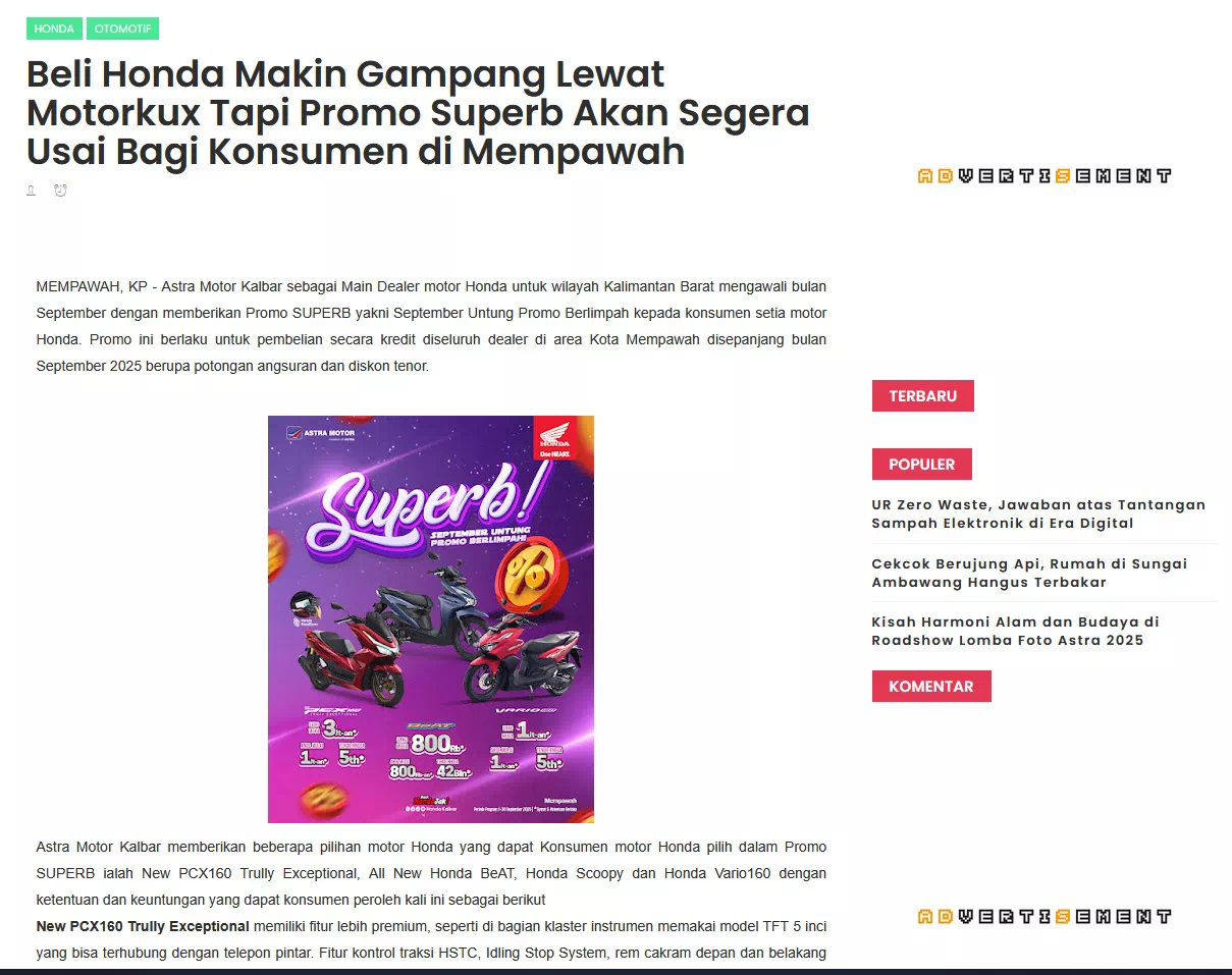 Beli Honda Makin Gampang Lewat Motorkux Tapi Promo Superb Akan Segera Usai Bagi Konsumen di Mempawah