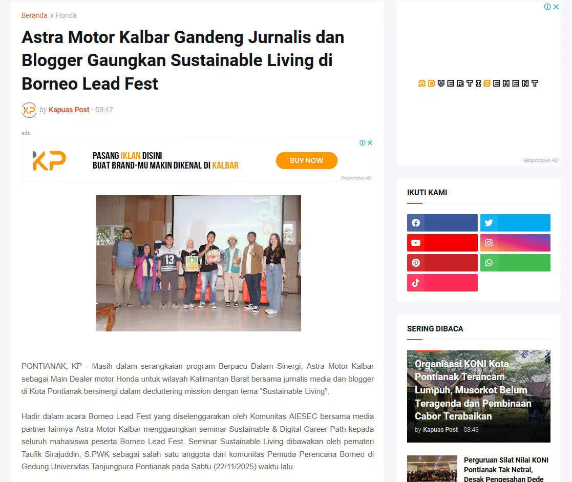 Astra Motor Kalbar Gandeng Jurnalis dan Blogger Gaungkan Sustainable Living di Borneo Lead Fest