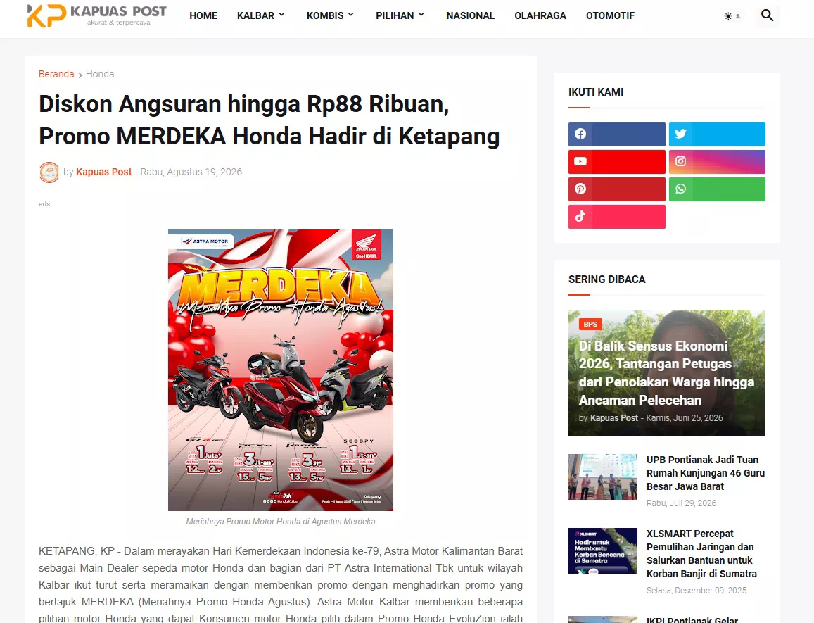 Diskon Angsuran hingga Rp88 Ribuan, Promo MERDEKA Honda Hadir di Ketapang