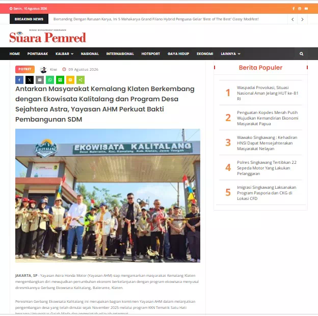 Antarkan Masyarakat Kemalang Klaten Berkembang dengan Ekowisata Kalitalang dan Program Desa Sejahtera Astra, Yayasan AHM Perkuat Bakti Pembangunan SDM