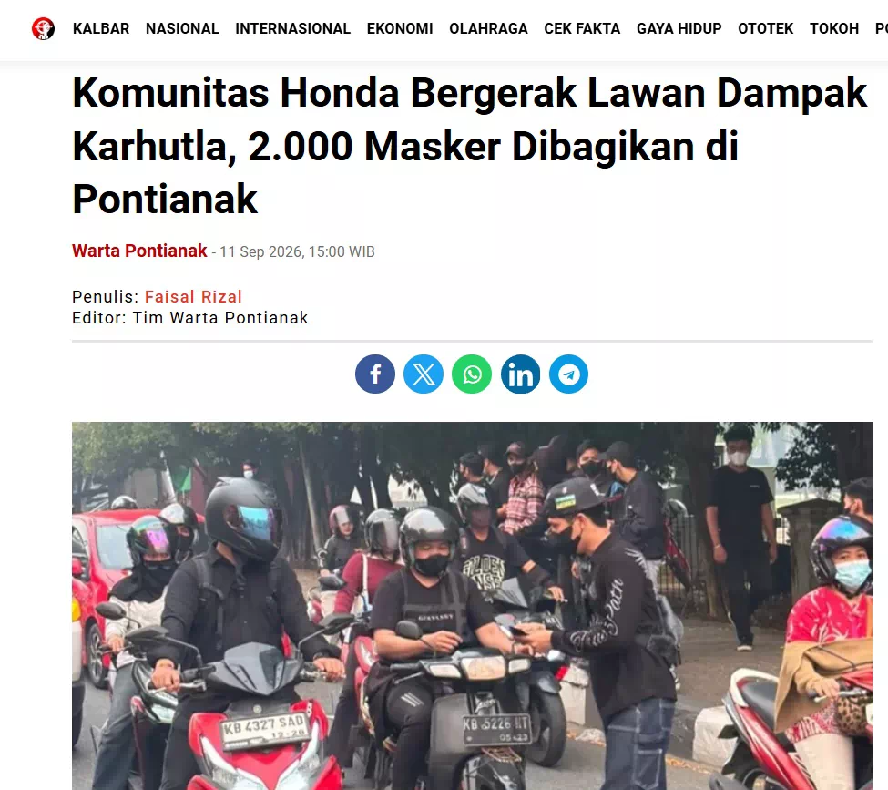 Komunitas Honda Bergerak Lawan Dampak Karhutla, 2.000 Masker Dibagikan di Pontianak