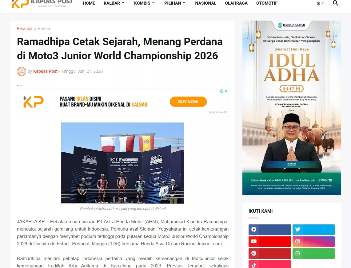Ramadhipa Cetak Sejarah, Menang Perdana di Moto3 Junior World Championship 2026