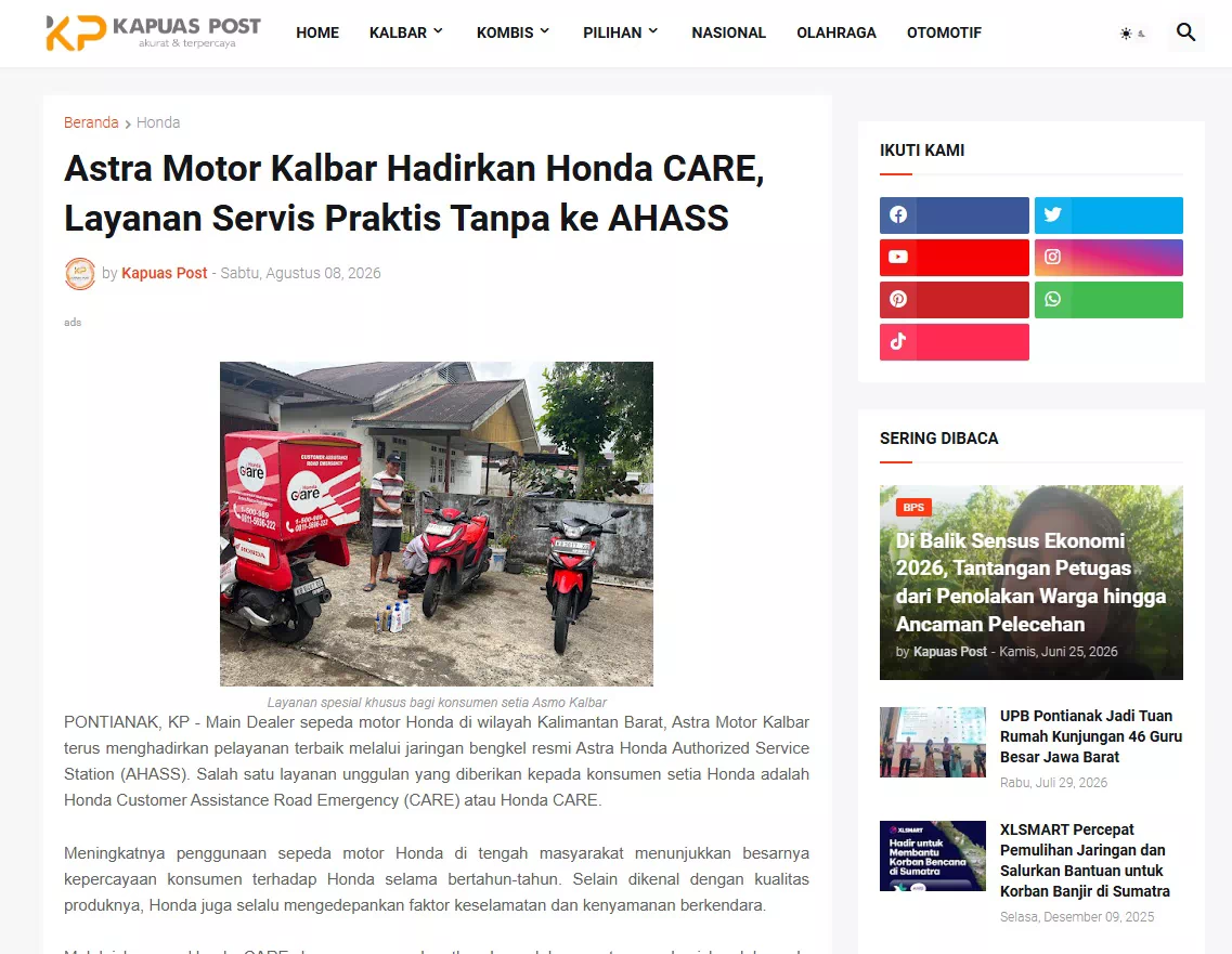 Astra Motor Kalbar Hadirkan Honda CARE, Layanan Servis Praktis Tanpa ke AHASS